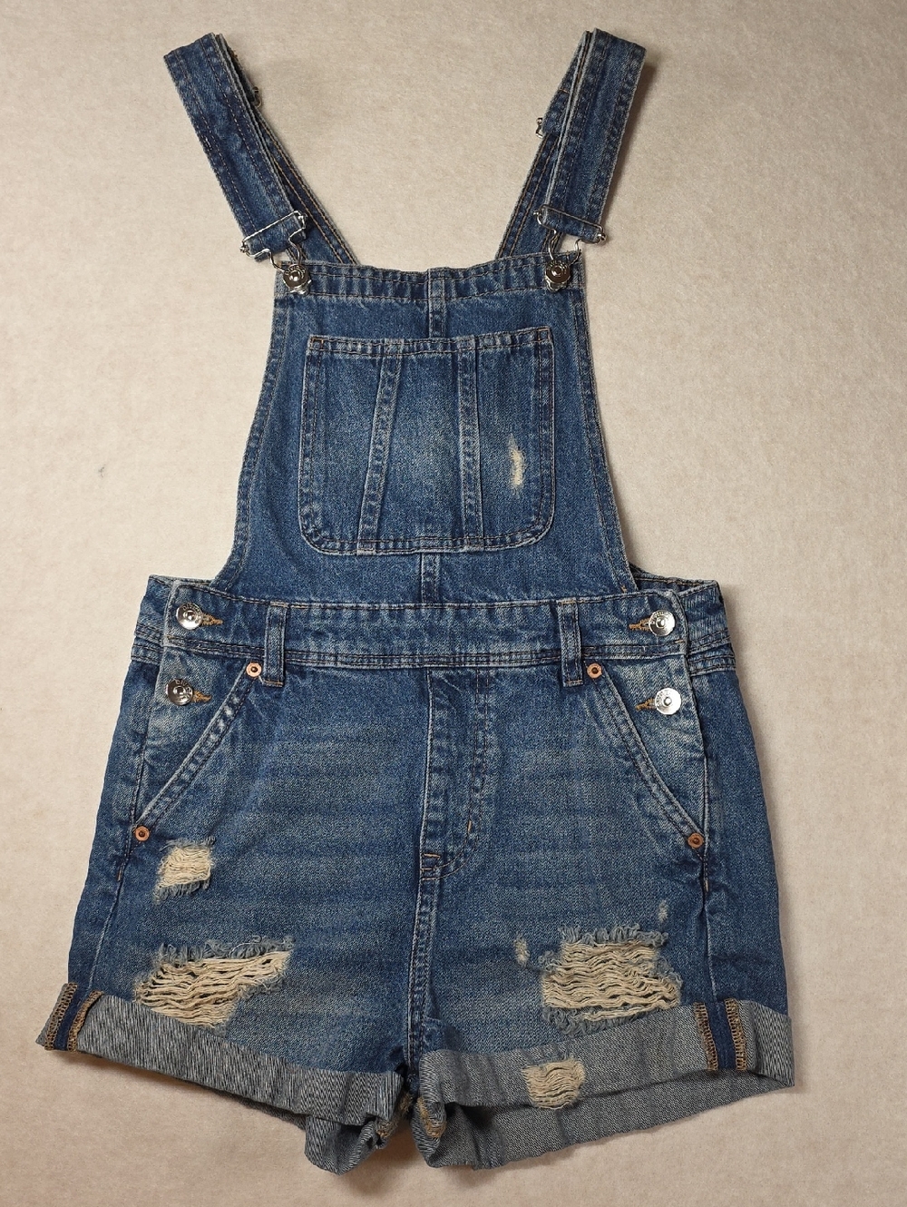 H&M Divided Light Blue Denim Short Shorts Overalls Distressed